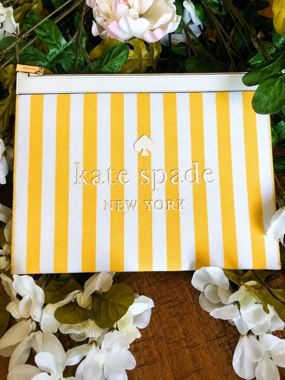 Kate Spade Yellow White Striped Zip Pouch Wristlet NWT
